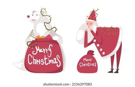 Funny Santa Claus and white bear with sack of gifts cartoon vector illustration