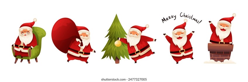 Funny Santa Claus with White Beard and Red Hat Vector Set