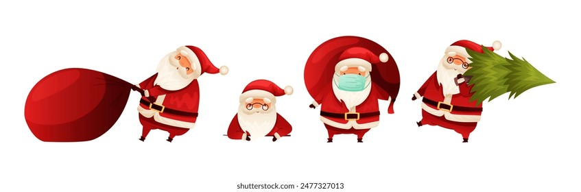 Funny Santa Claus with White Beard and Red Hat Vector Set