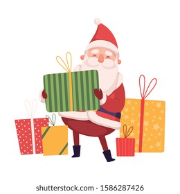 Funny Santa Claus wit Gift Boxes, Cute Christmas and New Year Character, Winter Holidays Design Element Vector Illustration