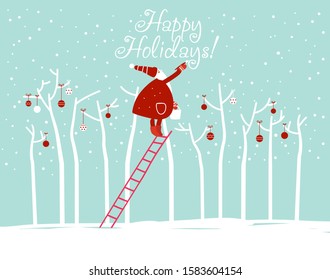 Funny Santa Claus writing "Happy Holidays" with painting brush on the sky