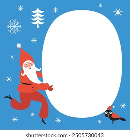 Funny Santa Clause is holding a banner with place for text. Christmas Card, illustration for party invitation. Merry Christmas and Happy New Year card	
