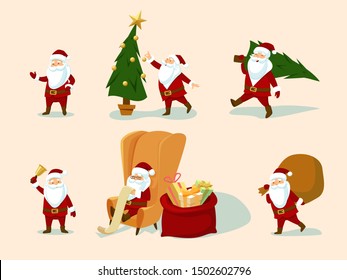 Funny Santa Clause set: with bag of gifts, sitting in chair with list, decorating Christmas tree, caring fir, jingle bell. Cartoon Characters.  New Year collection. Vector illustration.