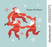 Сute funny Santa Clauses are dancing , Christmas Card