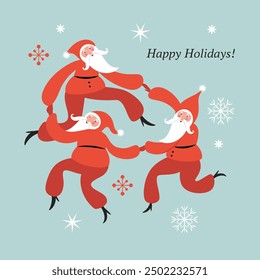 Сute funny Santa Clauses are dancing , Christmas Card