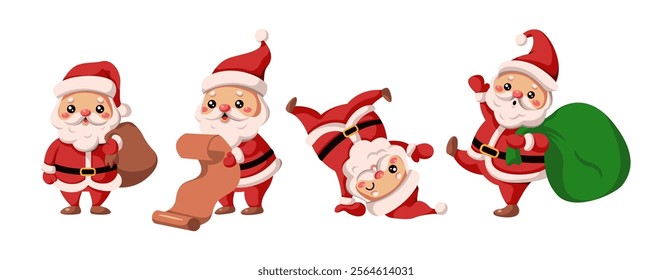 Funny Santa Clauses for merry Christmas flat color vector icon set. Fairy characters with sacks wish list and fun pack on white background