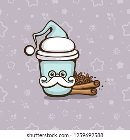 Funny Santa coffee. Cartoon character. Cute cup with spices. Vector illustration. Christmas greeting card design element. Holiday menu decoration template.