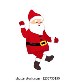 Funny Santa dancing hype move, quirky cartoon comic character in traditional Christmas costume, isolated on white background, young style for print, t-shirt, card, party invitation, animation, ads.