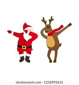 Funny Santa And Deer Dancing Dab Move, Quirky Cartoon Comic Characters, Isolated On White Background, Young Modern Style For Print, T-shirt, Card, Christmas Party Invitation, Animation, Advertising.