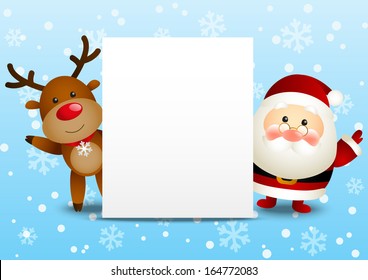 Funny Santa and deer with paper card