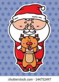 funny Santa and deer. vector illustration of kawaii Santa which is holding deer 