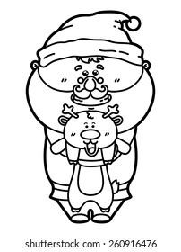 funny Santa with deer. Vector illustration coloring page of happy cartoon Santa for children and scrap book