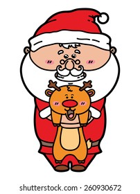 funny Santa and deer. vector illustration of kawaii Santa which is holding deer