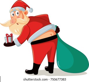 Funny Santa in Embarrassing Moment with Christmas Gifts Cartoon. Santa wearing a too tight costume suffering a clothing incident
