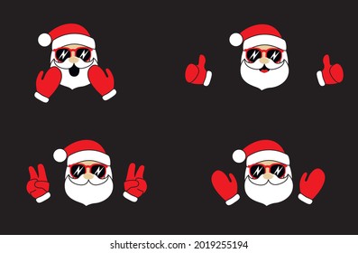 Funny santa se enfrenta con gafas de sol con las manos. Paz y gesto. Ilustración vectorial de Navidad.