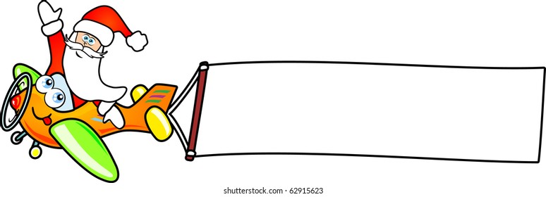 A funny Santa flies a plane dragging a white banner. Vector