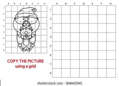 funny Santa game. Vector illustration of grid copy puzzle with happy cartoon Santa for children