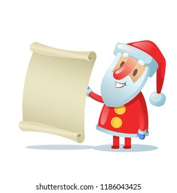Funny Santa holding a blank scroll. Colorful flat vector illustration. Isolated on white background.