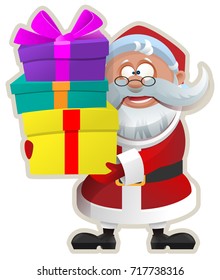 Funny Santa keeps box with gift. Christmas Sticker. Isolated on white vector cartoon illustration
