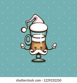 Funny Santa latte cup. Cute cartoon character vector illustration. Christmas greeting card design element. Holiday menu decoration template.