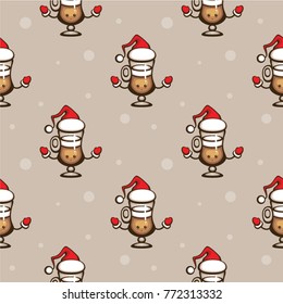 Funny Santa latte. Cute cup cartoon character. Seamless vector pattern. Christmas greeting card design element. Template for holiday menu, fabric and wrapping paper.