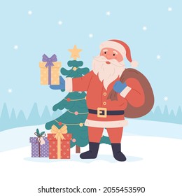 Funny santa with presents. Christmas greeting card background poster. Vector illustration. Merry christmas and Happy new year.