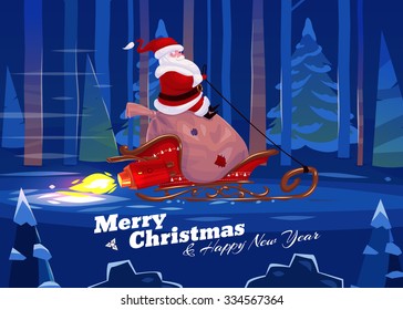 Funny santa with presents on the rocket sled . Christmas greeting card background poster. Vector illustration. Merry christmas and Happy new year.