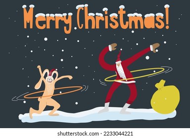 Funny Santa with rabbit, bunny, hare, symbol of the year, spin the hoop, with a big bag of gifts, Merry Christmas, for invitations, winter sale, other winter events, Merry Christmas inscription.