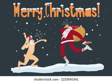 Funny Santa with rabbit, bunny, hare, symbol of the year, have fun, with a big bag of gifts, Merry Christmas, for invitations, winter sale, other winter activities.