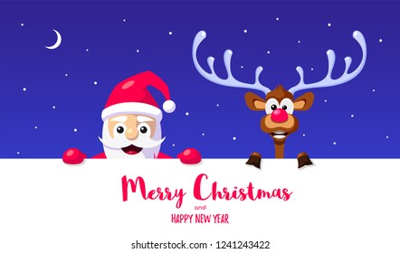 Funny Santa and reindeer. Christmas greeting card design. Flat style celebration banner.