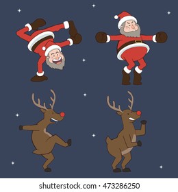 Funny Santa and reindeer dancing in different styles