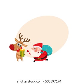 funny Santa and funny reindeer holding Christmas gifts, cartoon vector illustration with background for text. Santa Claus and deer, Christmas attributes, holiday decoration elements