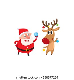 funny Santa and funny reindeer holding Christmas balls, cartoon vector illustration isolated on white background. Santa Claus and deer, Christmas attributes, holiday decoration elements