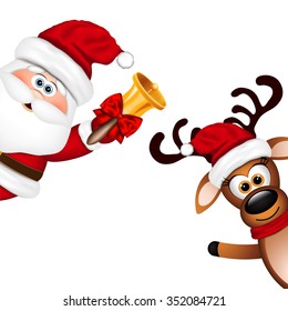 Funny Santa and Reindeer on white background.