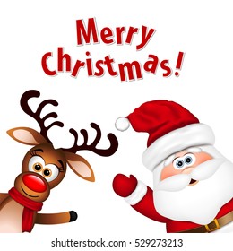 Funny Santa and Reindeer on white background.