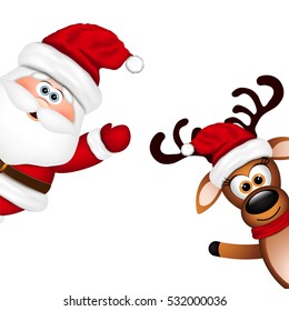 Funny Santa and Reindeer on white background.