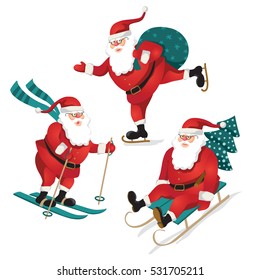 Funny santa set. Christmas greeting card poster. Vector illustration. 