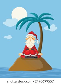 
Funny Santa Sitting on a Desert Island Vector Cartoon. Calm meditating Santa relaxing far in a tropical natural paradise 
