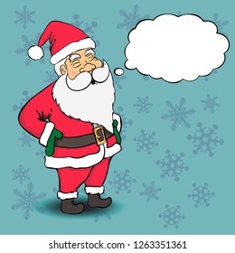 Funny santa with a speech bubble on a snowflakes background.  Vector, EPS 10