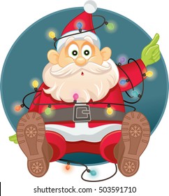 Funny Santa Tangled in Christmas Lights Vector - Santa Claus character in funny pose 
