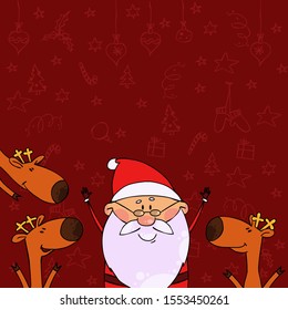 Funny Santa and three Christmas deer