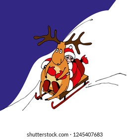 Funny Santa. Vector illustration. Color drawing. Santa Claus and Christmas elk sleigh from the mountain. On Santa's back is a gift bag. New Year's humor.