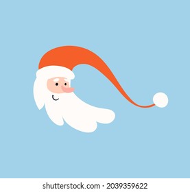 Funny Santa's head. Cartoon Santa Claus on a blue isolated background. Cute festive character in a red hat. Vector stock illustration.