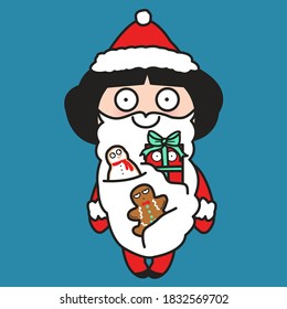 Funny Santy Secretly Hiding Gift Box And Christmas Cookies Inside Her Fake White Long Beard Concept Card Character illustration