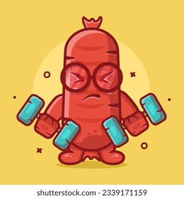 funny sausage food character mascot doing bodybuilding using dumbbell isolated cartoon in flat style design