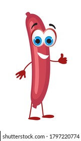 Funny sausage frankfurter on white background, funny character collection, flat vector illustration