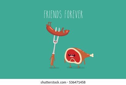 Funny sausage and ham. Friends forever. Vector illustration. You can use in the menu, in the shop, in the bar, the card or stickers. Easy to edit.