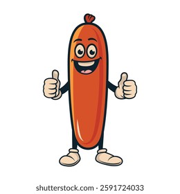 Funny Sausage Mascot Vector Illustration. Cartoon Hot Dog Character With Happy Face, Thumbs Up, Wearing White Gloves, Retro Style. Cute Sausage Mascot Clipart for Food Branding, Stickers, Advertising