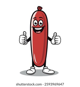 Funny Sausage Mascot Vector Illustration. Cartoon Hot Dog Character With Happy Face, Thumbs Up, Wearing White Gloves, Retro Style. Cute Sausage Mascot Clipart for Food Branding, Stickers, Advertising