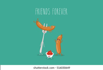 Funny sausage on a fork with ketchup. Vector illustration. Friend forever. You can use in the menu, in the shop, in the bar, the card or stickers.